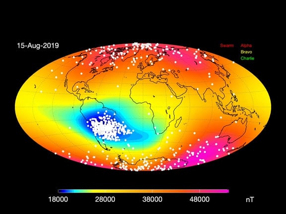 South Atlantic Anomaly spreading, showing signs of a weakened magnetic field