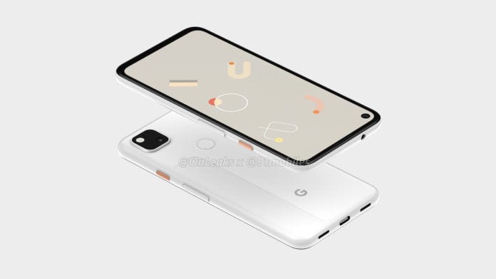 Google Pixel 4a render showing hole-punch camera and headphone jack
