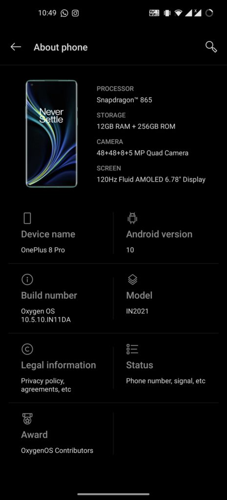 OnePlus 8 Pro 5G About Phone