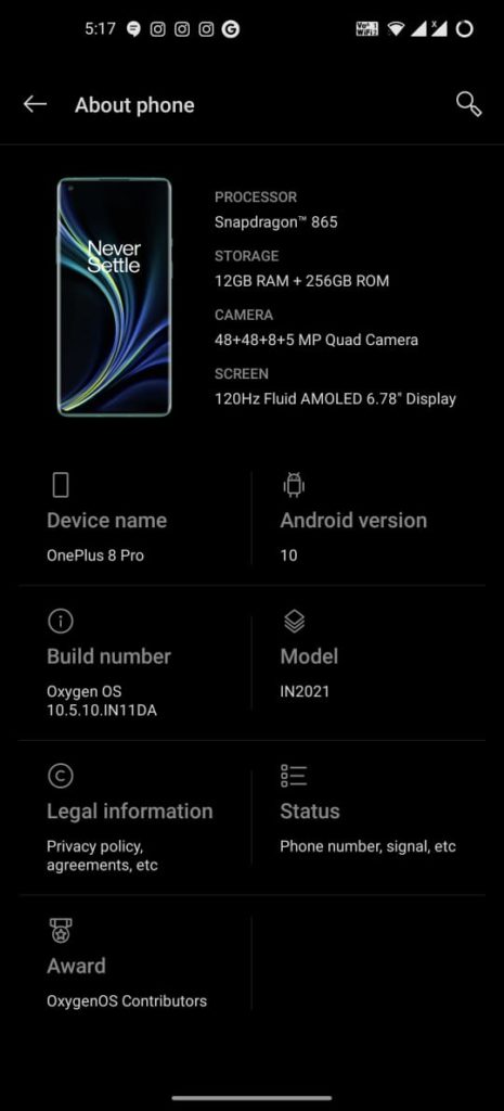 Latest Version of Oxygen OS on the Indian retail unit of the OnePlus 8 Pro