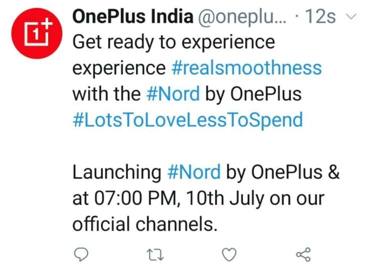 OnePlus India's now deleted tweet with Nord name on it
