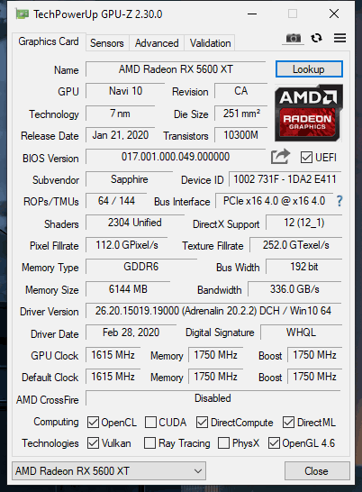 RX 5600 XT GPU Z Specs