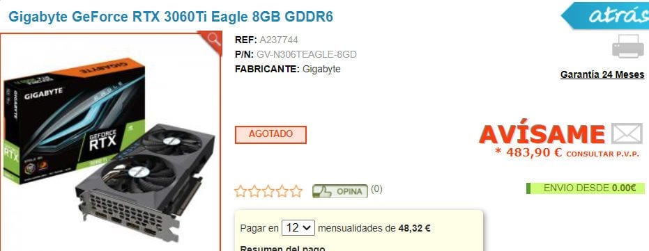 The Gigabyte RTX 3060Ti has been listed for a price of €483 at a leading Spanish retailer.